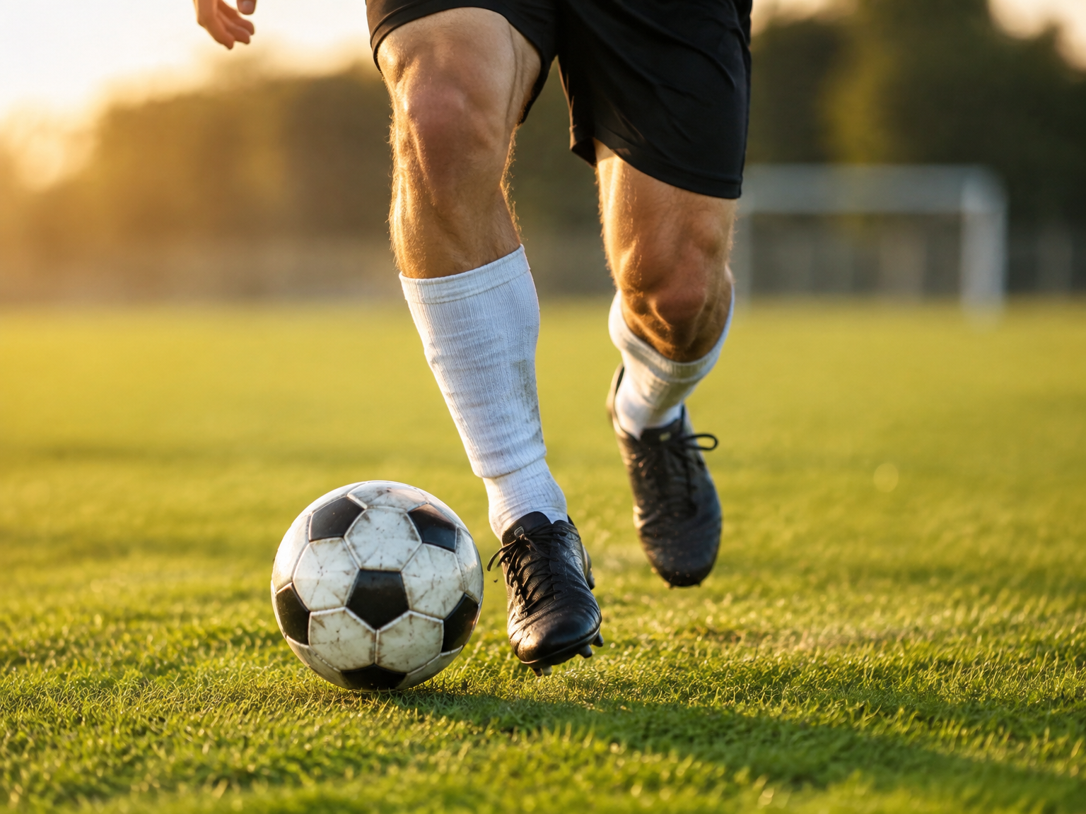 Spelare med fotboll på gräsplan i kvällsljus
